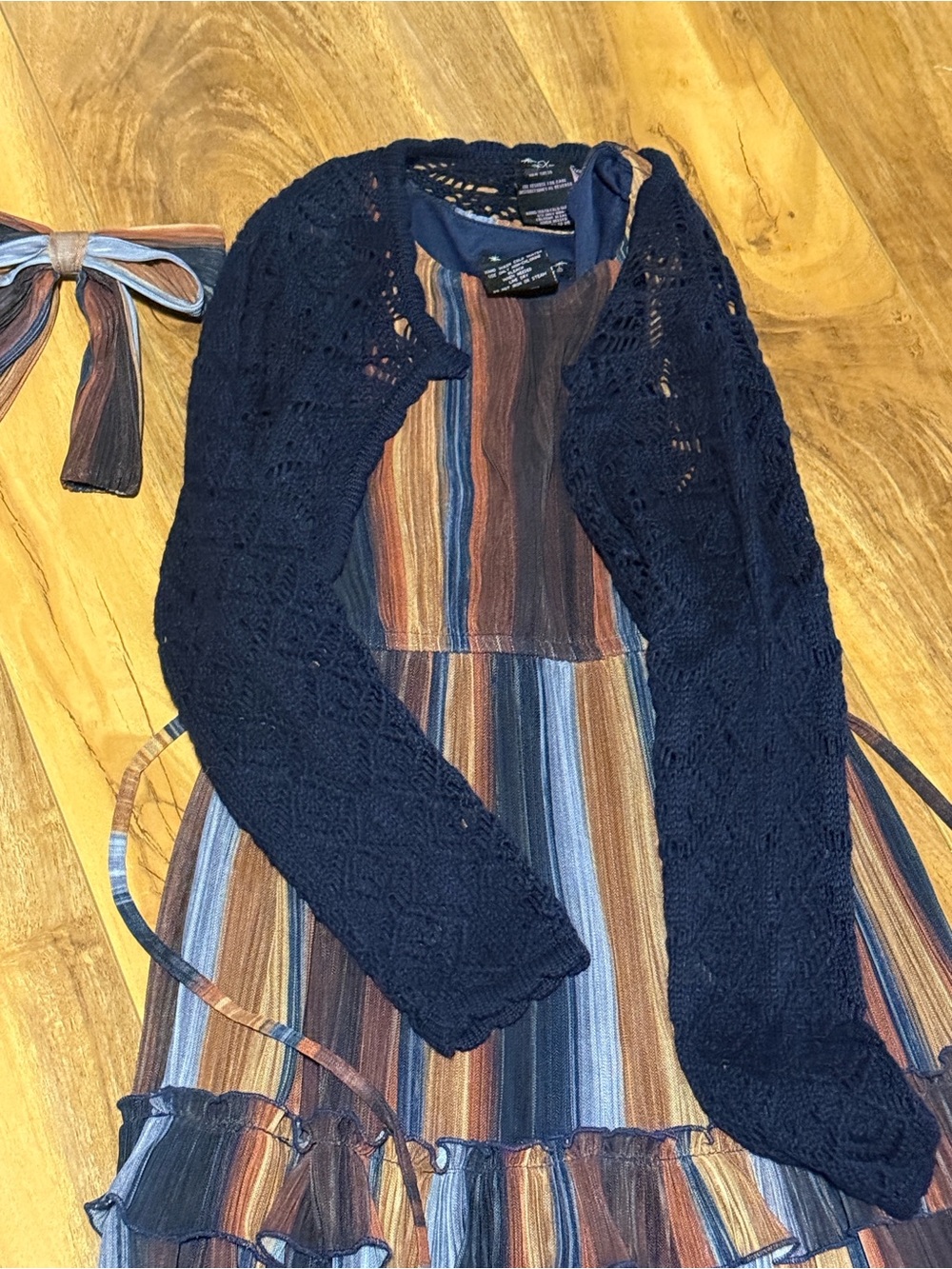 Xtraordinary Navy, Brown, Blue & Orange Striped Girls Dress with Bow - Picture 2 of 2